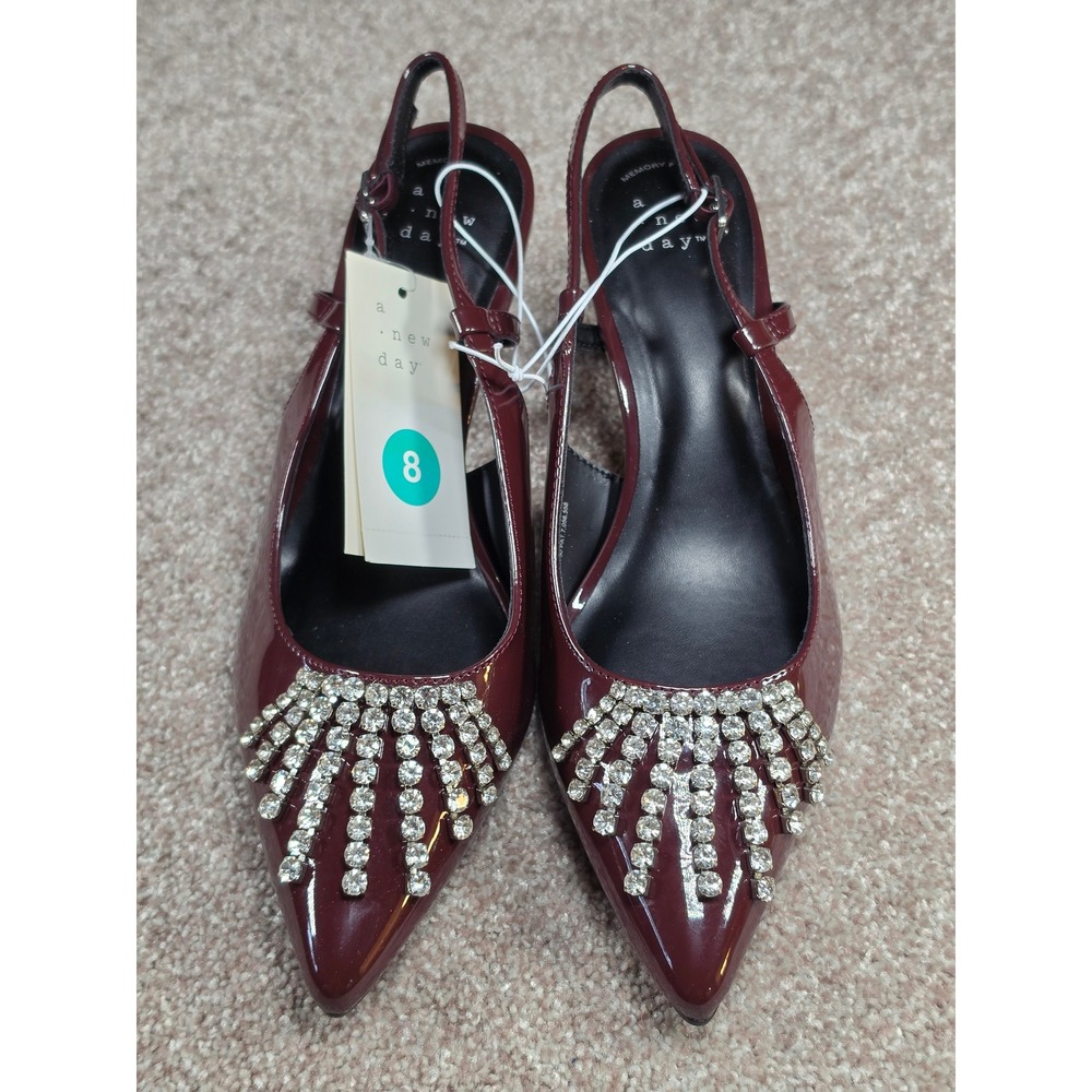 A New Day Serafina Burgundy Patent Rhinestone Fringe Slingback Pumps Heels‎ 8